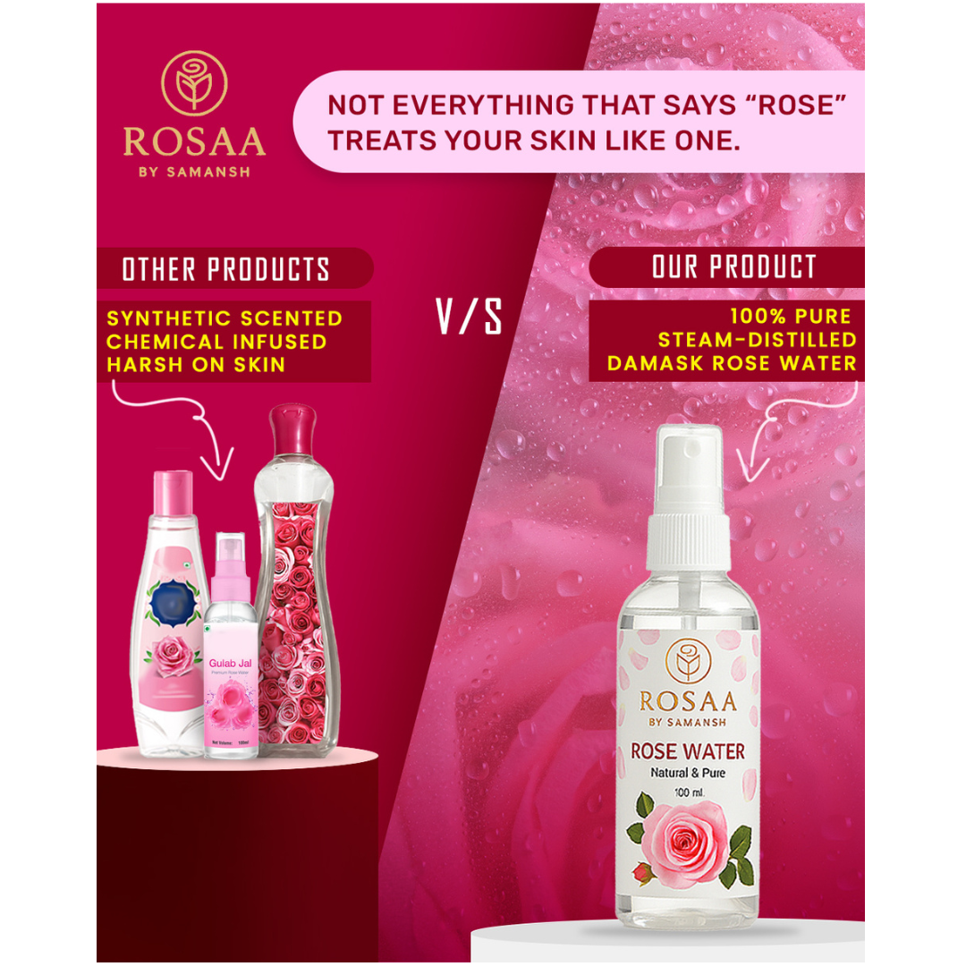 Comparison chart showing Rosaa steam-distilled organic rose water vs other brands, highlighting purity, edible grade quality, and skincare benefits